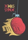 Xmas Party typographic grunge poster design. Glitch Christmas ball with flame. Retro vector illustration.